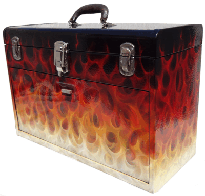 toolbox with flames
