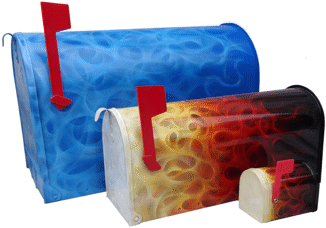 3 flamed mailboxes